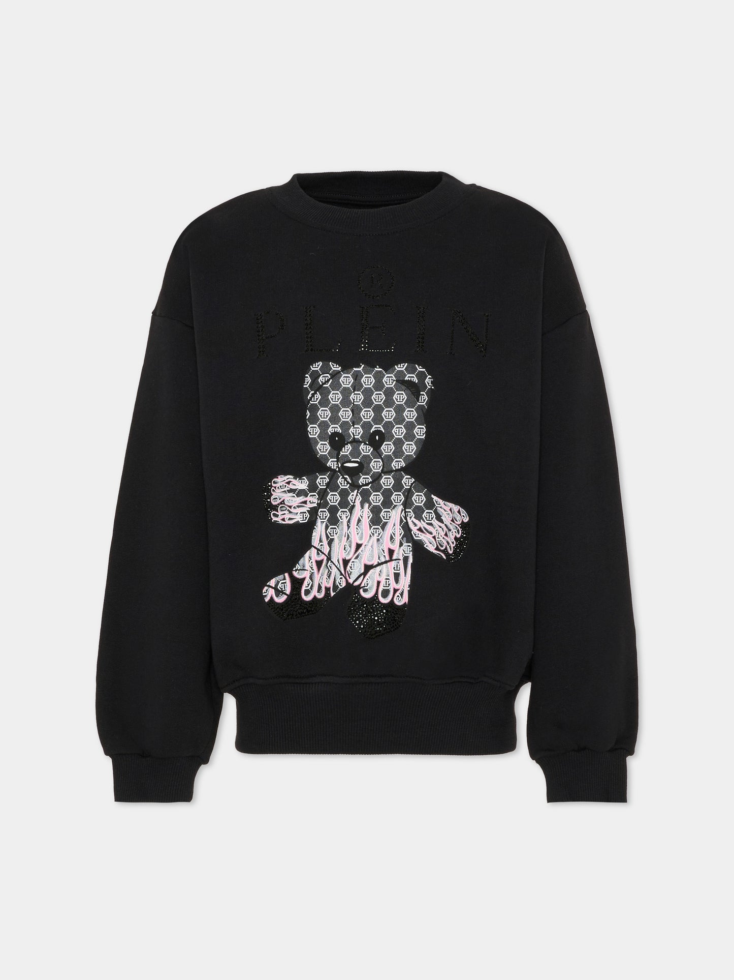 Felpa nera per bambina con orsetto e logo di strass,Philipp Plein Junior,S6PHJGSW161 110