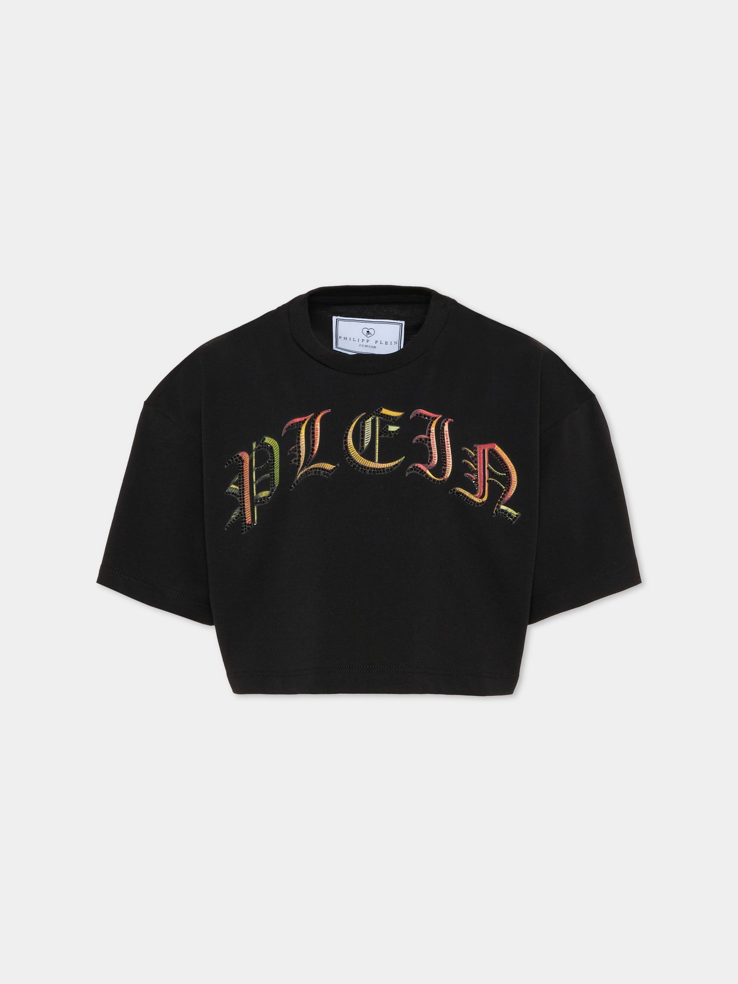 T-shirt crop nera per bambina con logo,Philipp Plein Junior,S6PHJGTH148 110