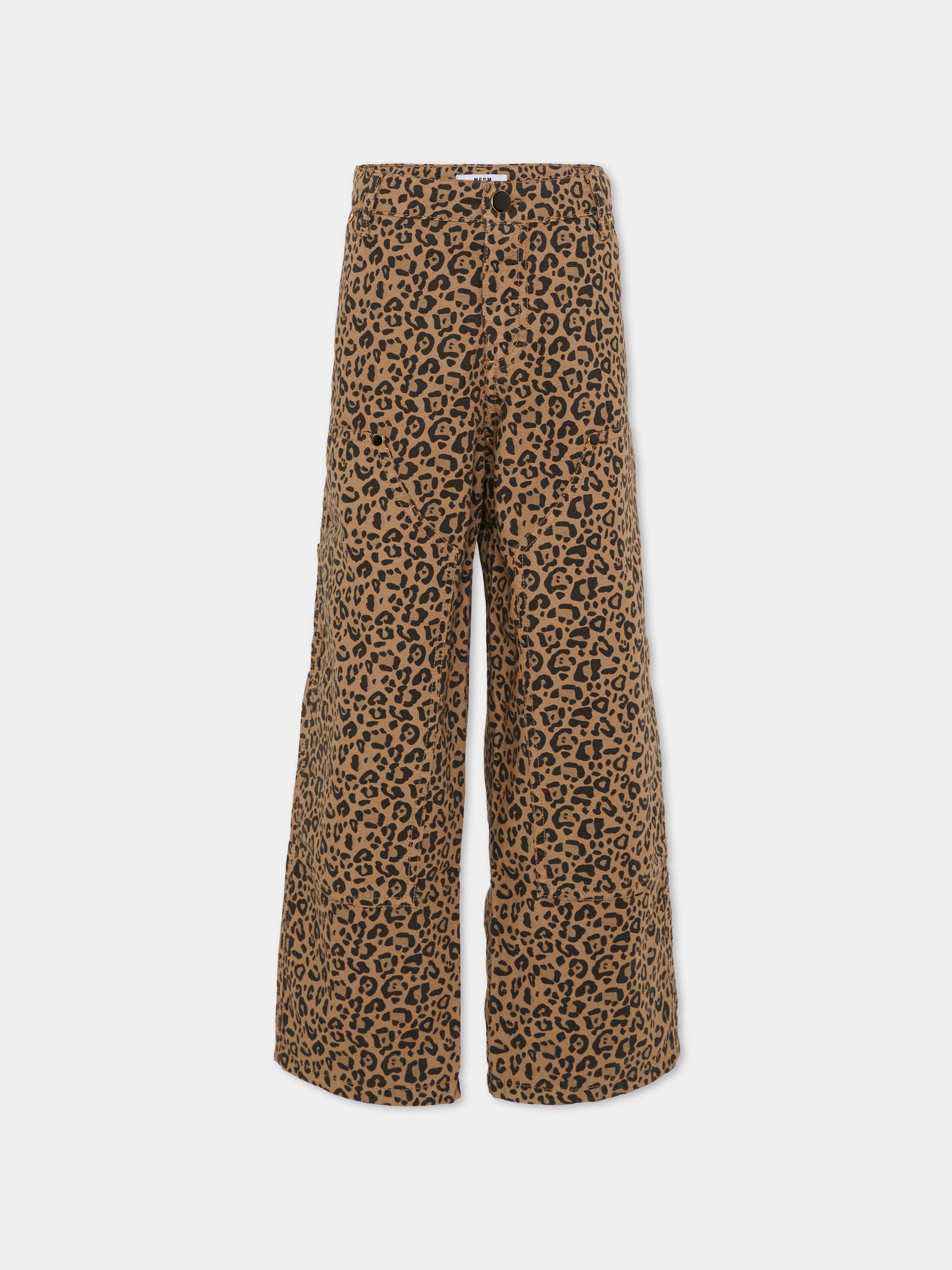 Pantaloni beige per bambina con stampa animalier,Msgm Kids,F5MSJGPA130 MS030