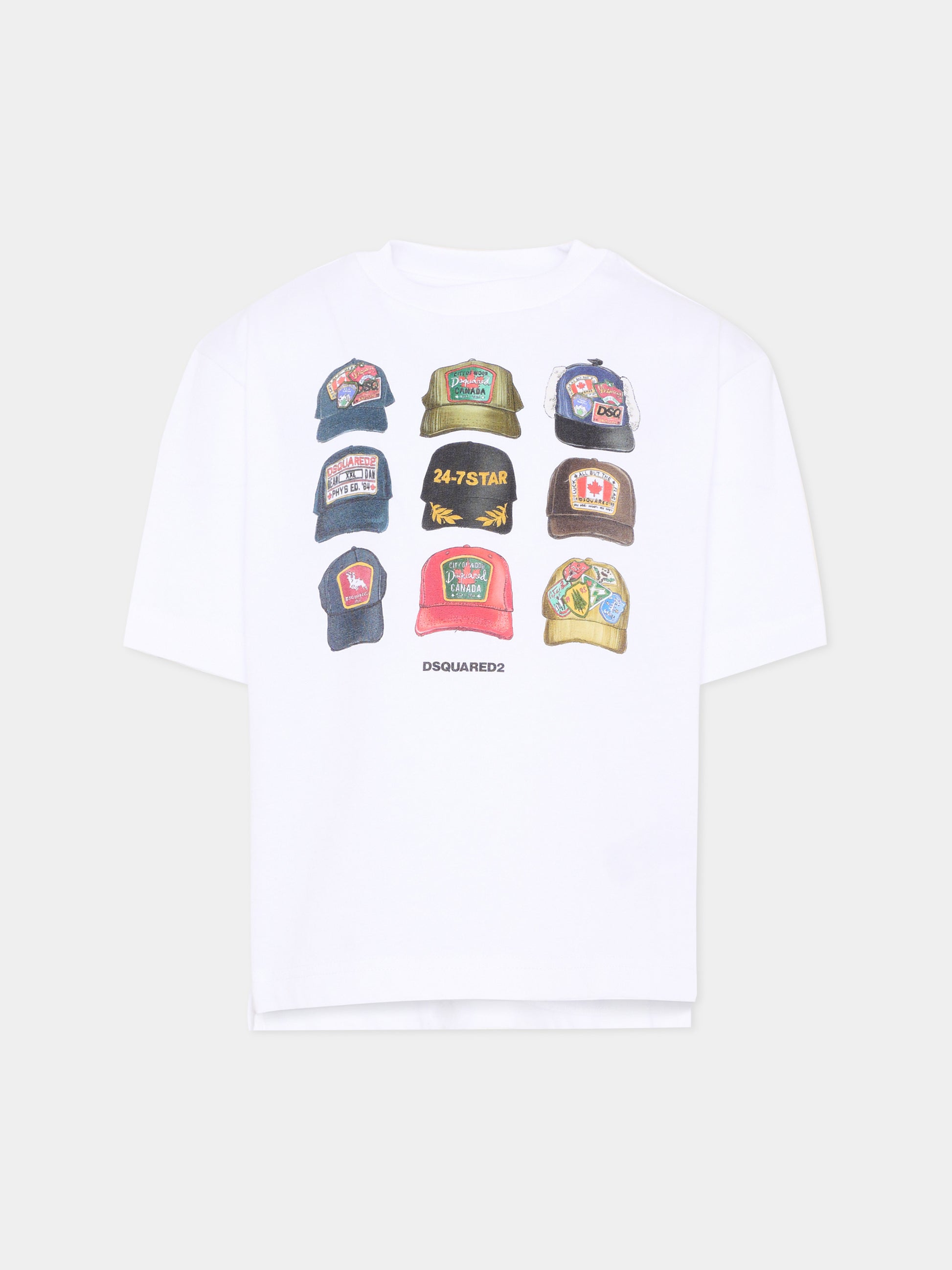 T-shirt bianca per bambino con stampa cappellini,Dsquared2,DQ3386 D0AG7 DQ100