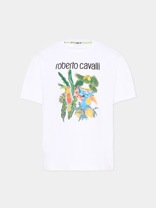 T-Shirt bianca per bambino con stampa jungle,Roberto Cavalli Kids,CBP26150TS WHITE