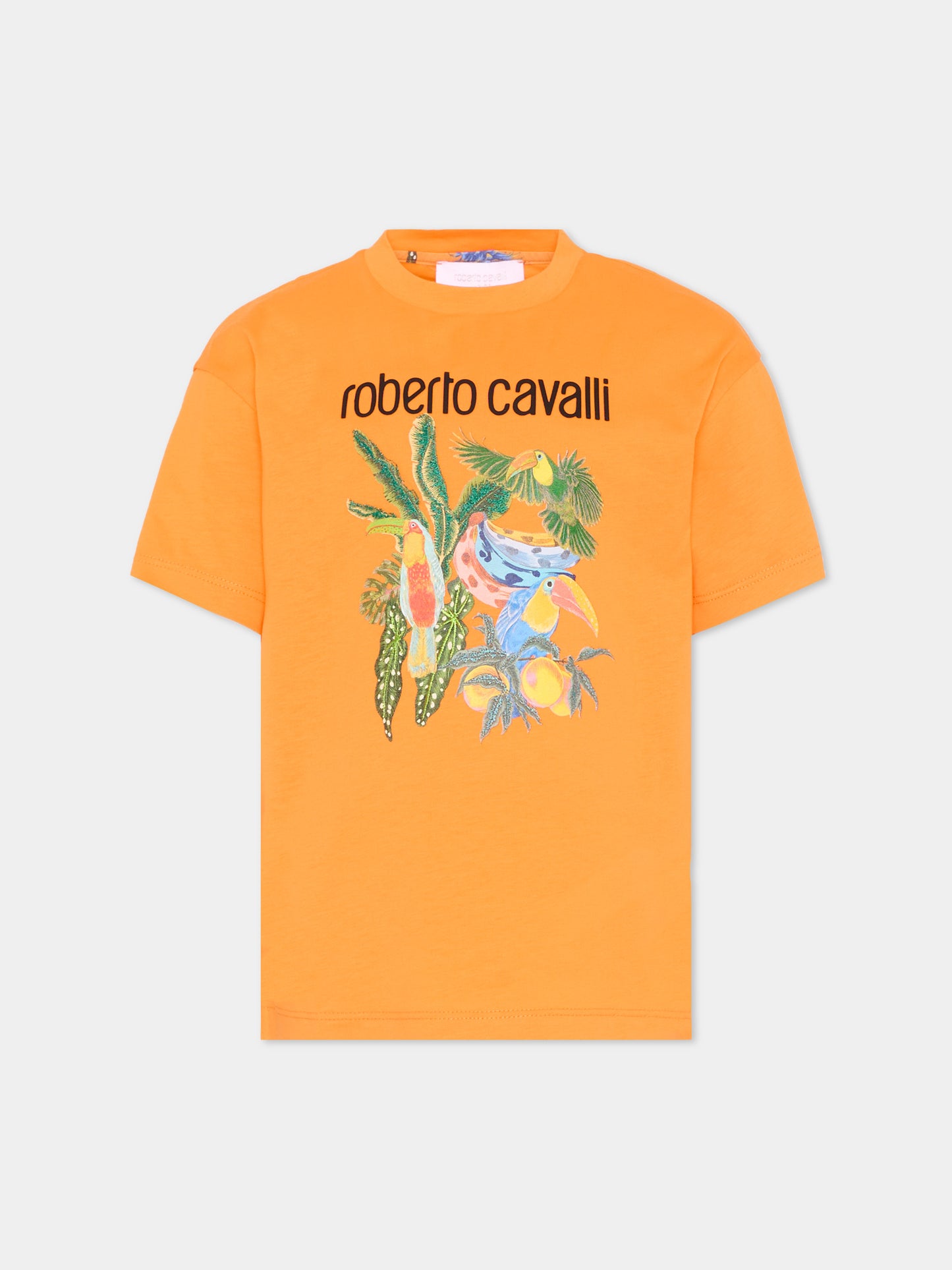 T-Shirt arancione per bambino con stampa jungle,Roberto Cavalli Kids,CBP26150TS ORANGE B.OF PARADISE