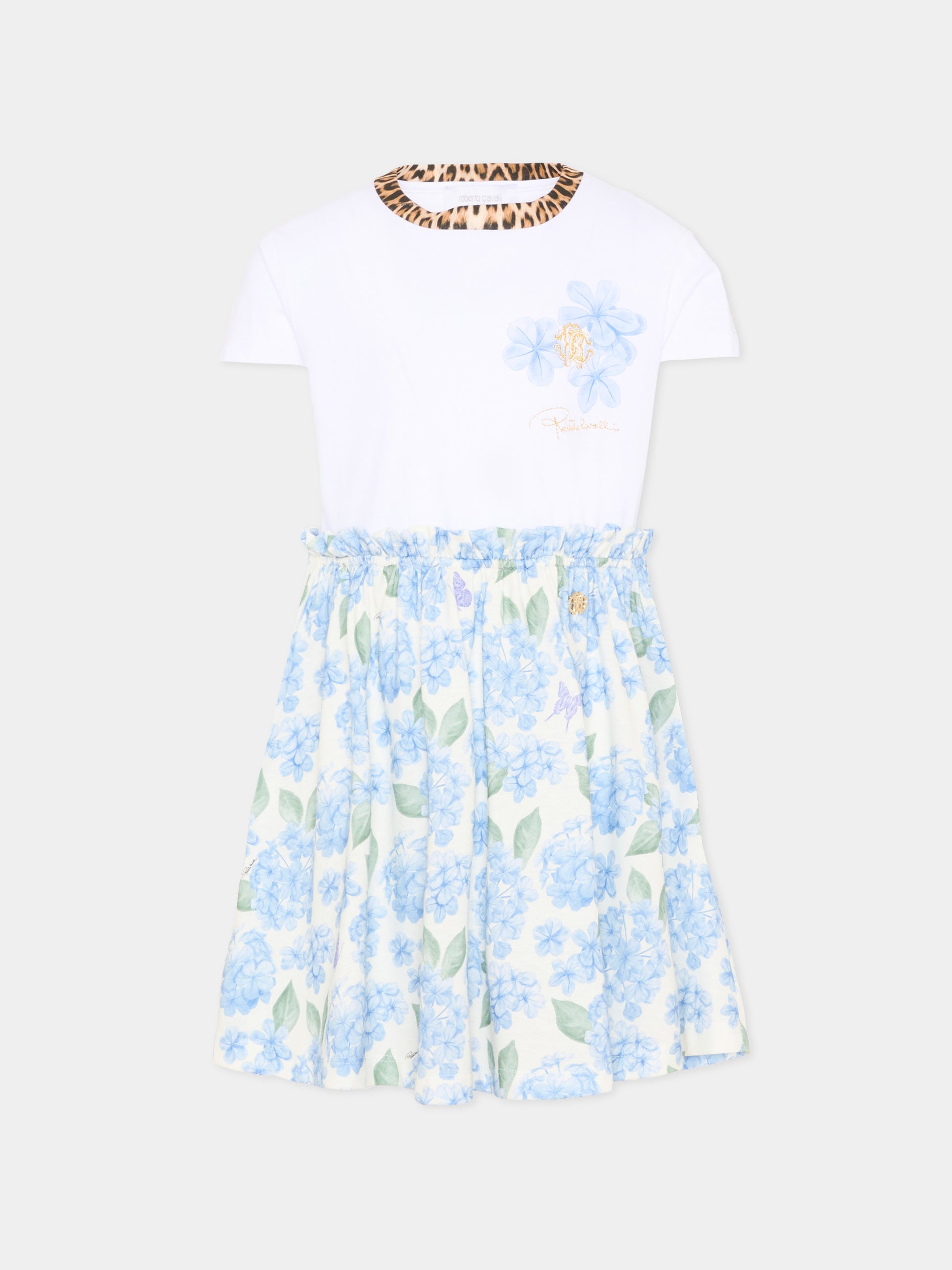 Vestito bianco per bambina con stampa floreale,Roberto Cavalli Kids,CGP26002VE WHITE