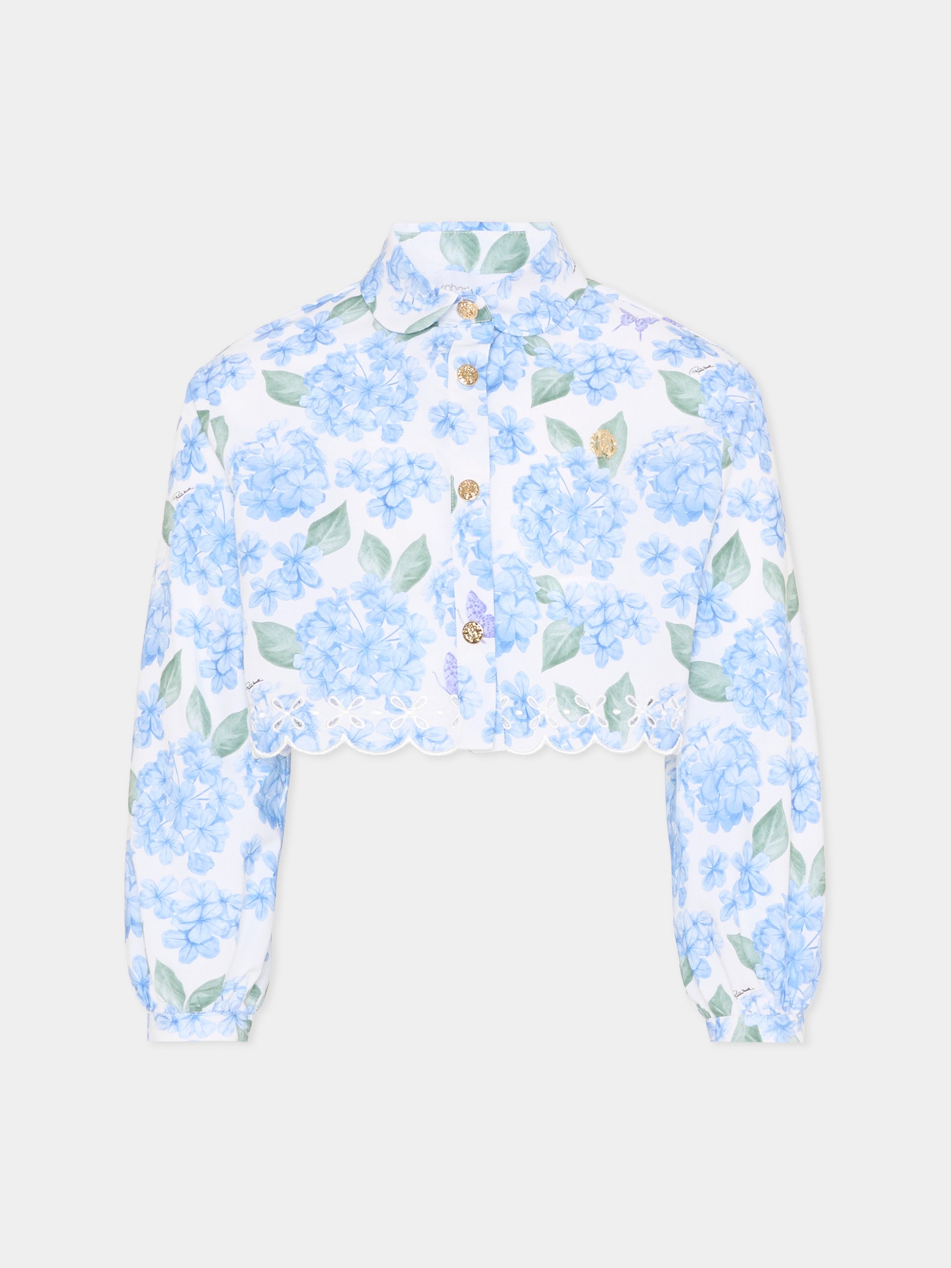 Camicia celeste per bambina con stampa floreale,Roberto Cavalli Kids,CGP26004CA PLUMBAGO