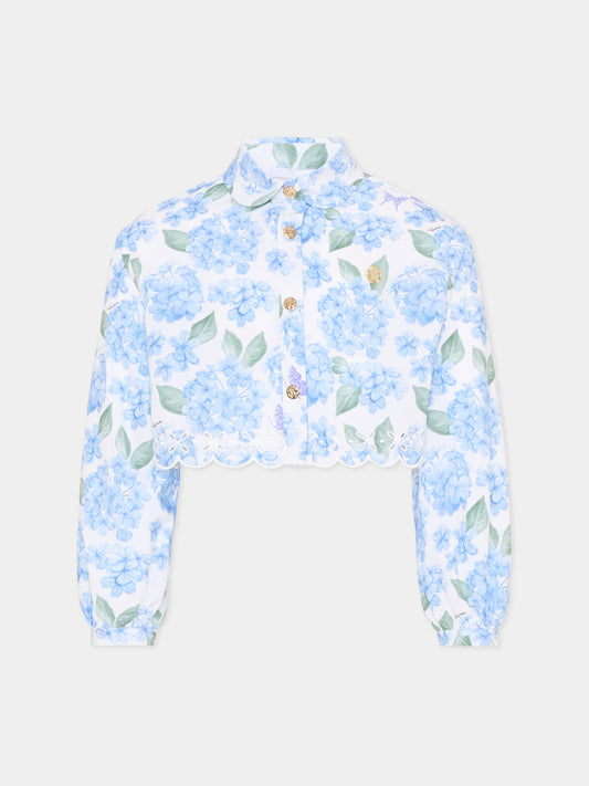 Camicia celeste per bambina con stampa floreale,Roberto Cavalli Kids,CGP26004CA PLUMBAGO