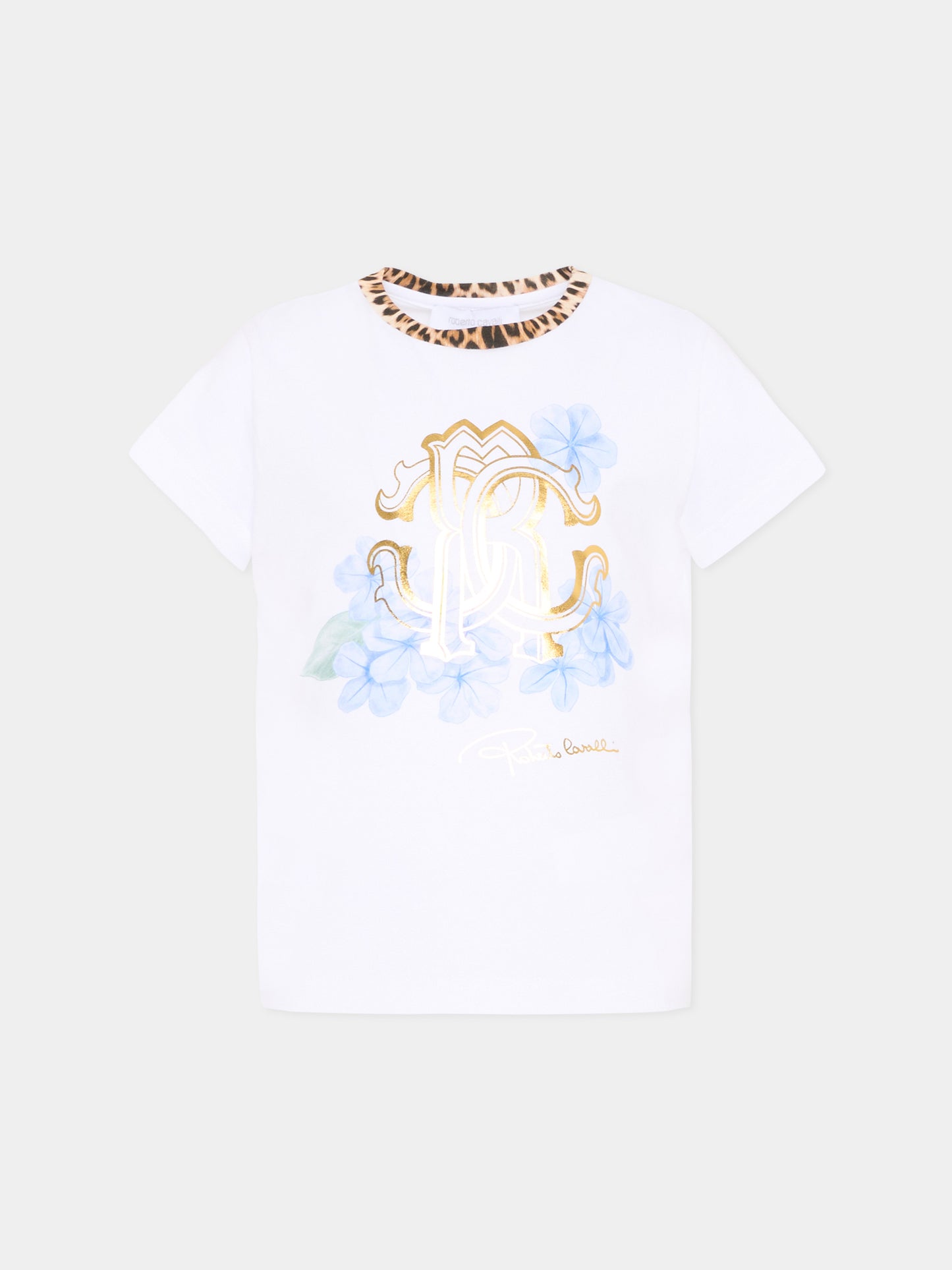 T-Shirt bianca per bambina con logo,Roberto Cavalli Kids,CGP26010TS WHITE