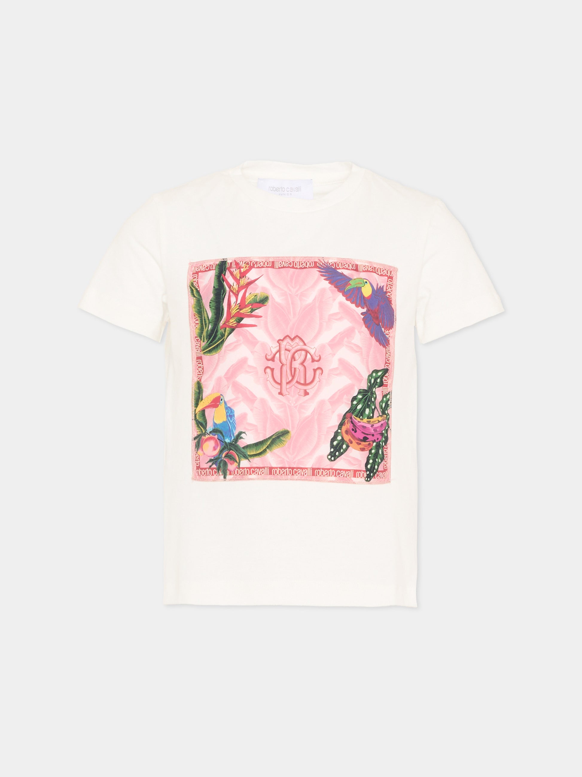 T-Shirt bianca per bambina con maxi patch,Roberto Cavalli Kids,CGP26030TS WHITE