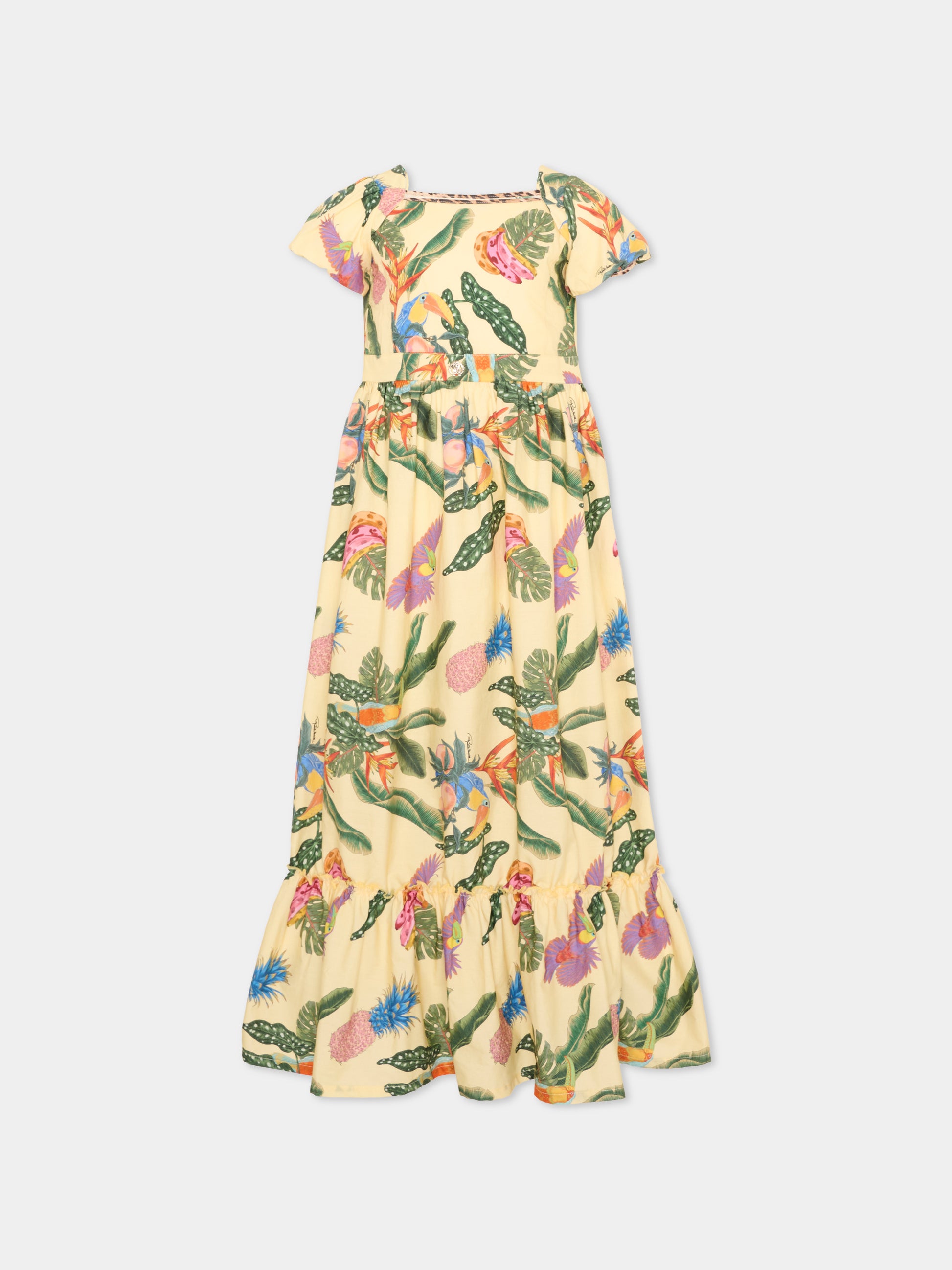 Abito giallo per bambina con stampa tropicale,Roberto Cavalli Kids,CGP26038VE TROPICANA YELLOW