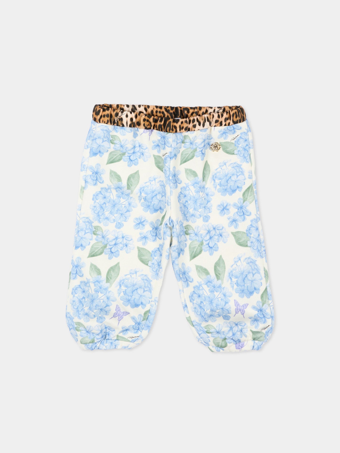 Pantaloni sportivi celesti per neonata con stampa floreale,Roberto Cavalli Kids,CIP26119PA PLUMBAGO