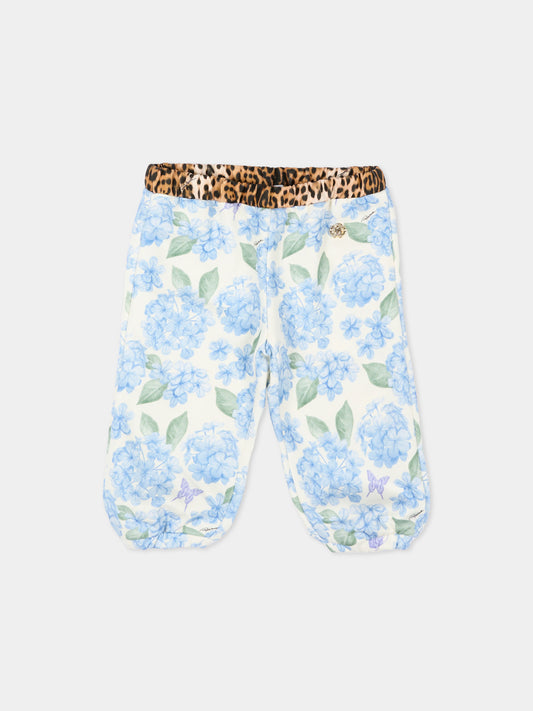 Pantaloni sportivi celesti per neonata con stampa floreale,Roberto Cavalli Kids,CIP26119PA PLUMBAGO