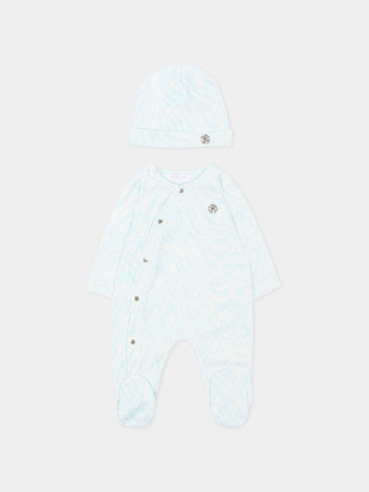 Set tutina celeste per neonato con stampa monogram,Roberto Cavalli Kids,CLP26003TU ZEBRA CELESTE