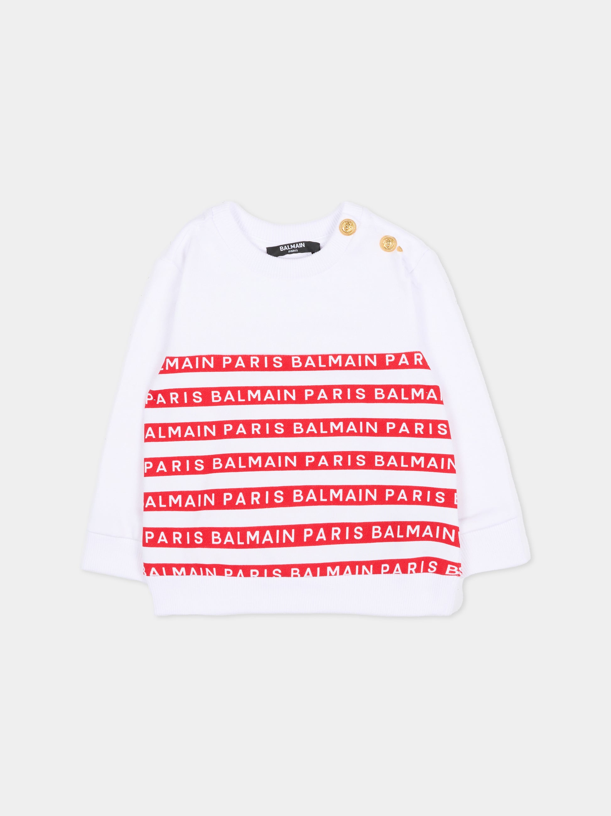 Felpa bianca per neonato con righe rosse e logo,Balmain Kids,BU4550 Z1909 100RO