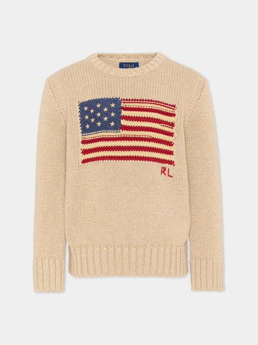 Maglione beige per bambini con logo,Ralph Lauren Kids,B18575001