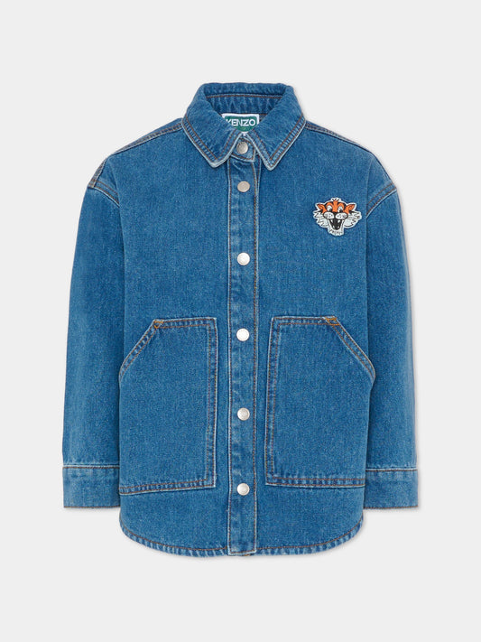 Camicia denim blu per bambina con tigre e logo,Kenzo Kids,K61398 Z27