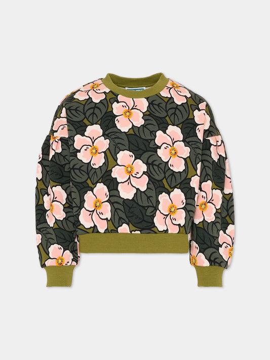Felpa verde per bambina con papaveri,Kenzo Kids,K61342 46M