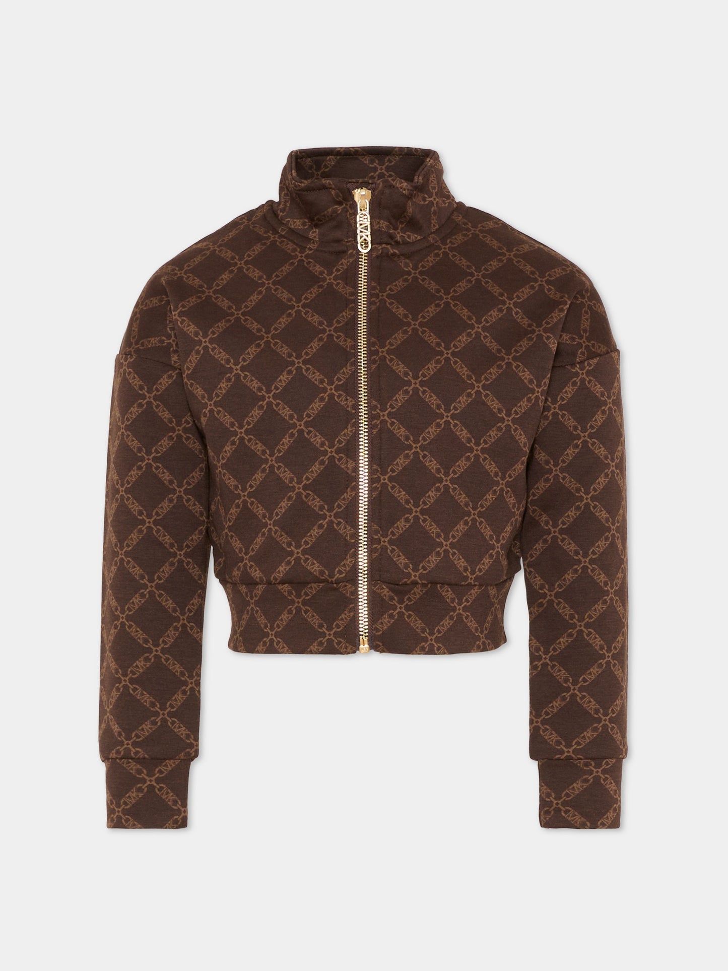 Felpa crop marrone per bambina con logo all over,Michael Kors,R30472 342