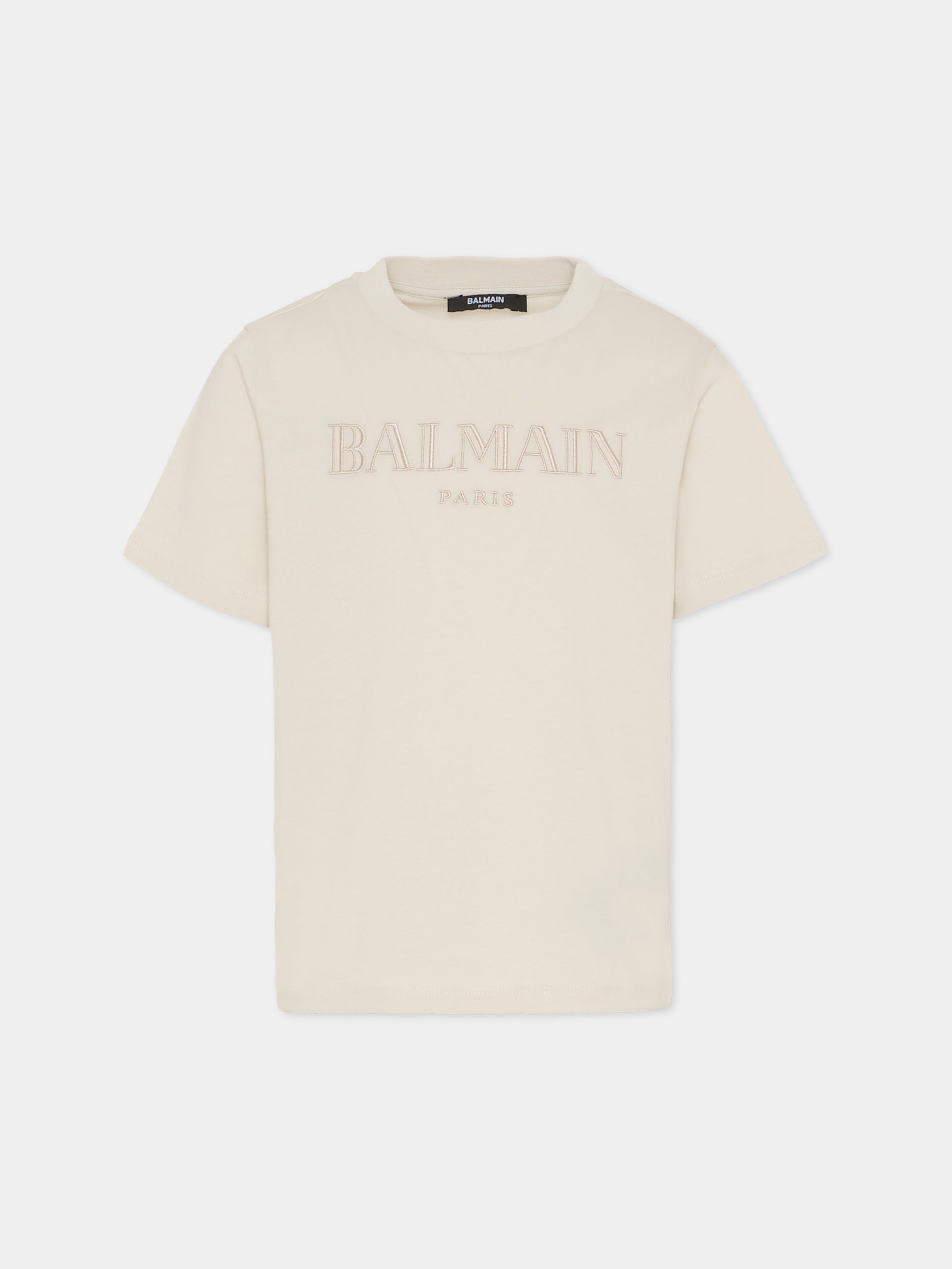 T-shirt beige con logo ricamato per bambini,Balmain Kids,BX8P41-Z3186 107BG