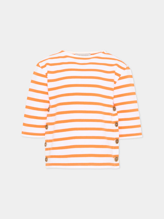 T-shirt bianca per bambina a righe,Vélocipède,VLC-SS26-TS003 WHITE AND TANGERINE
