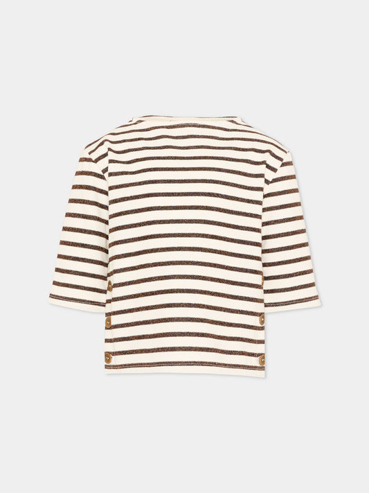 T-shirt beige per bambina a righe,Vélocipède,VLC-SS26-TS003 ECRU AND BLACK