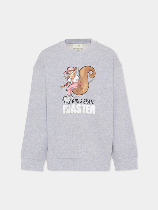 Felpa grigia per bambina con stampa scoiattolo,Fendi Kids,JFH160 5V0 F0WG5