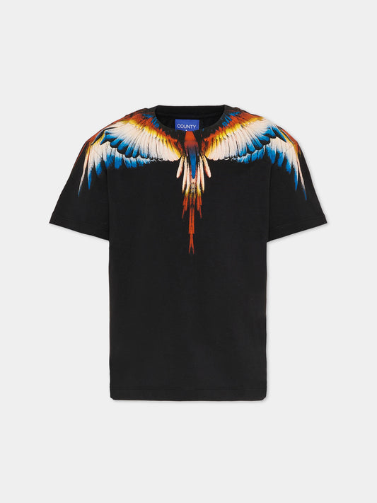 T-shirt nera per bambino con ali multicolor,County Of Milan Kids,F5CMJBTH062 110