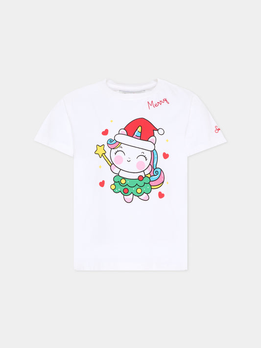T-shirt bianca per bambina con unicorno natalizio,Mc2 Saint Barth,ELLY002 00803C