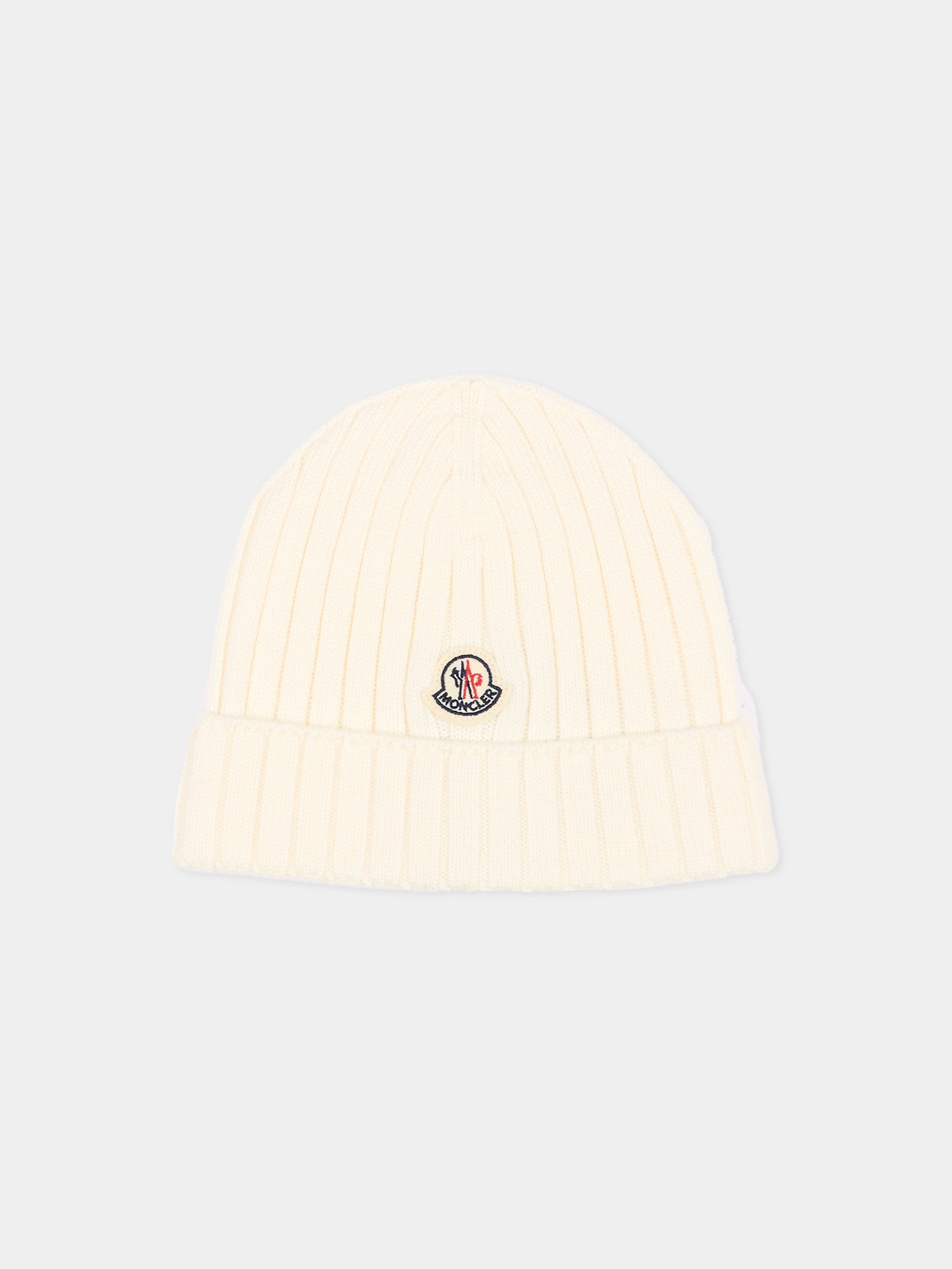 Berretto avorio per neonati con logo,Moncler Kids,L2951 3B00006 M1131 040