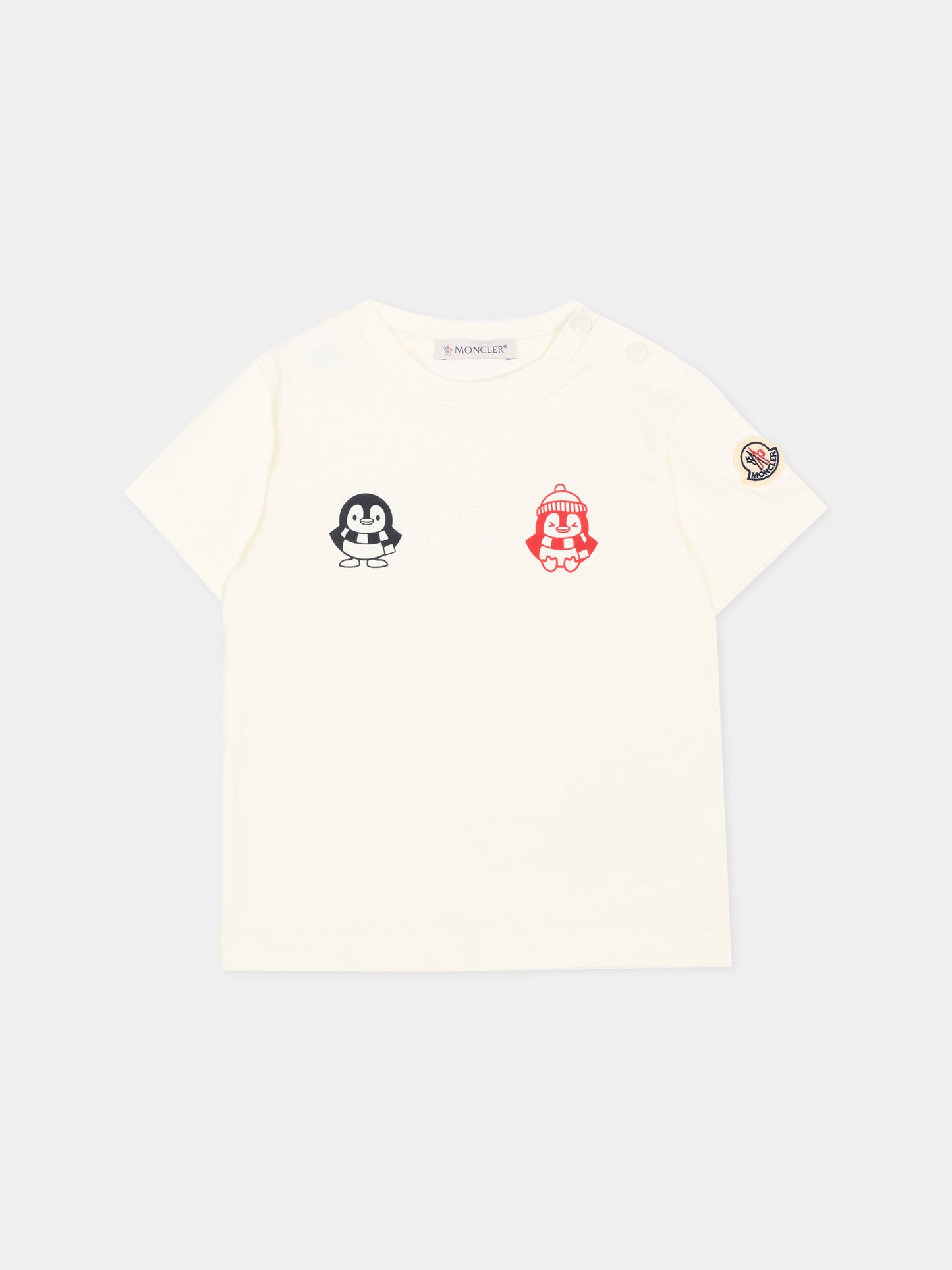 T-Shirt avorio per neonato con pinguini,Moncler Kids,L2951 8C00001 89AUM 034