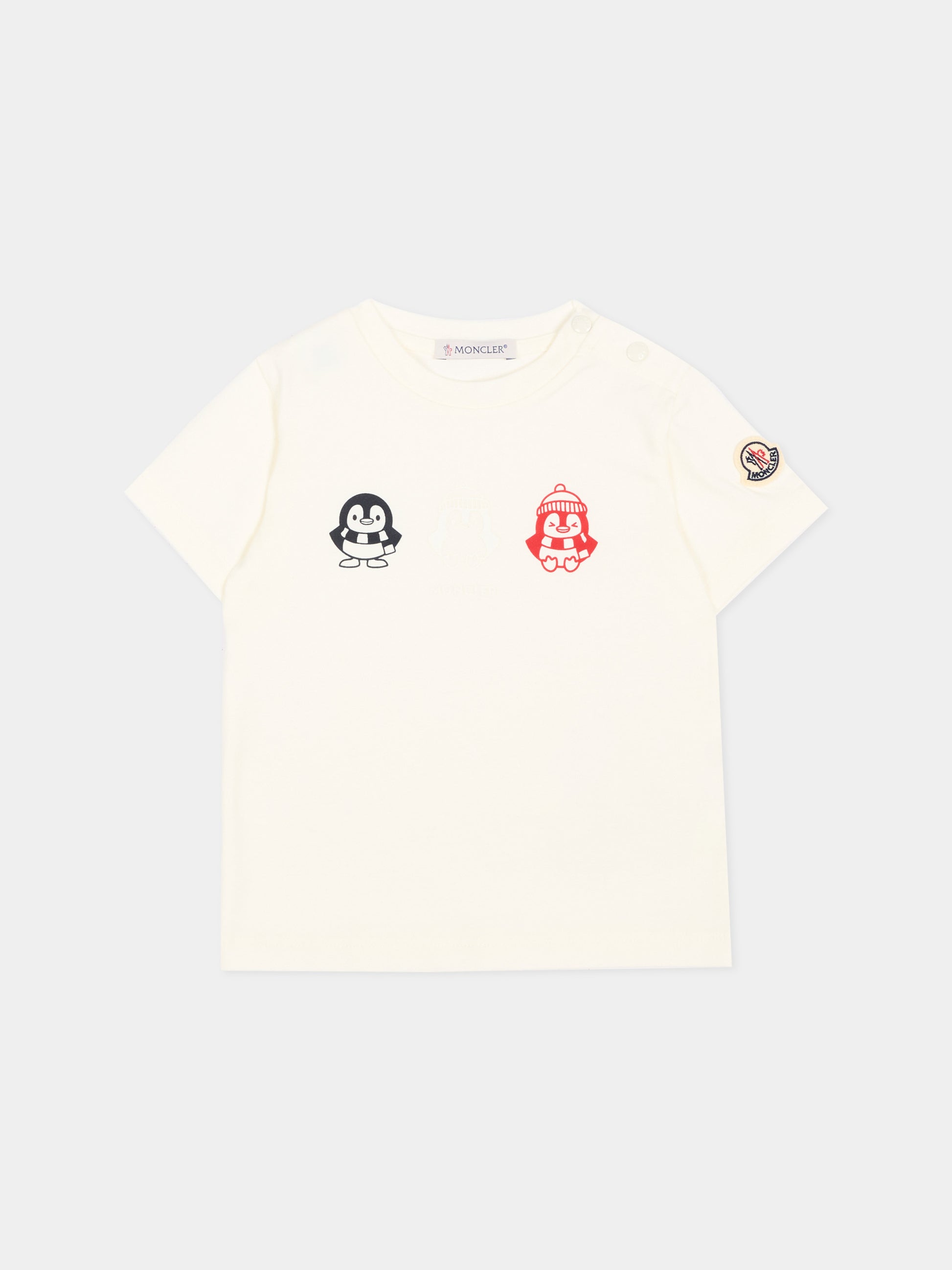 T-Shirt avorio per neonato con pinguini,Moncler Kids,L2951 8C00001 89AUM 034
