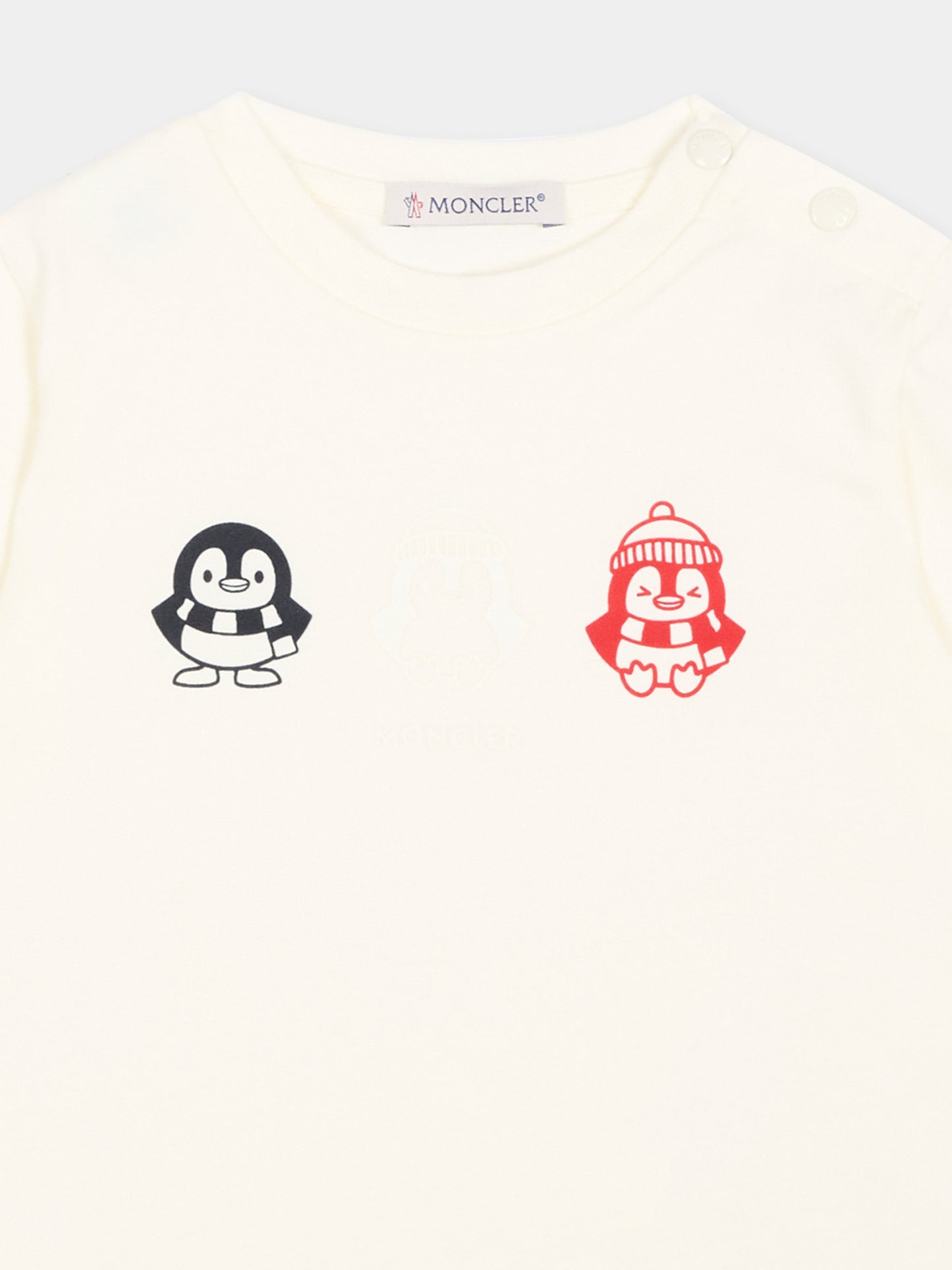 T-Shirt avorio per neonato con pinguini,Moncler Kids,L2951 8C00001 89AUM 034