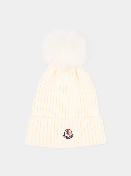 Berretto avorio per bambina con pompon,Moncler Kids,L2954 3B00007 M1131 030