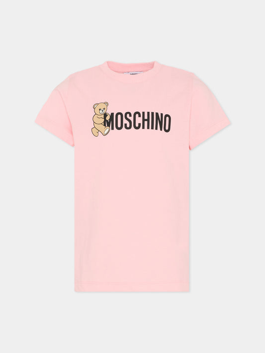 T-shirt rosa per bambina con Teddy Bear e logo,Moschino Kids,HPM058 LAA34 50209
