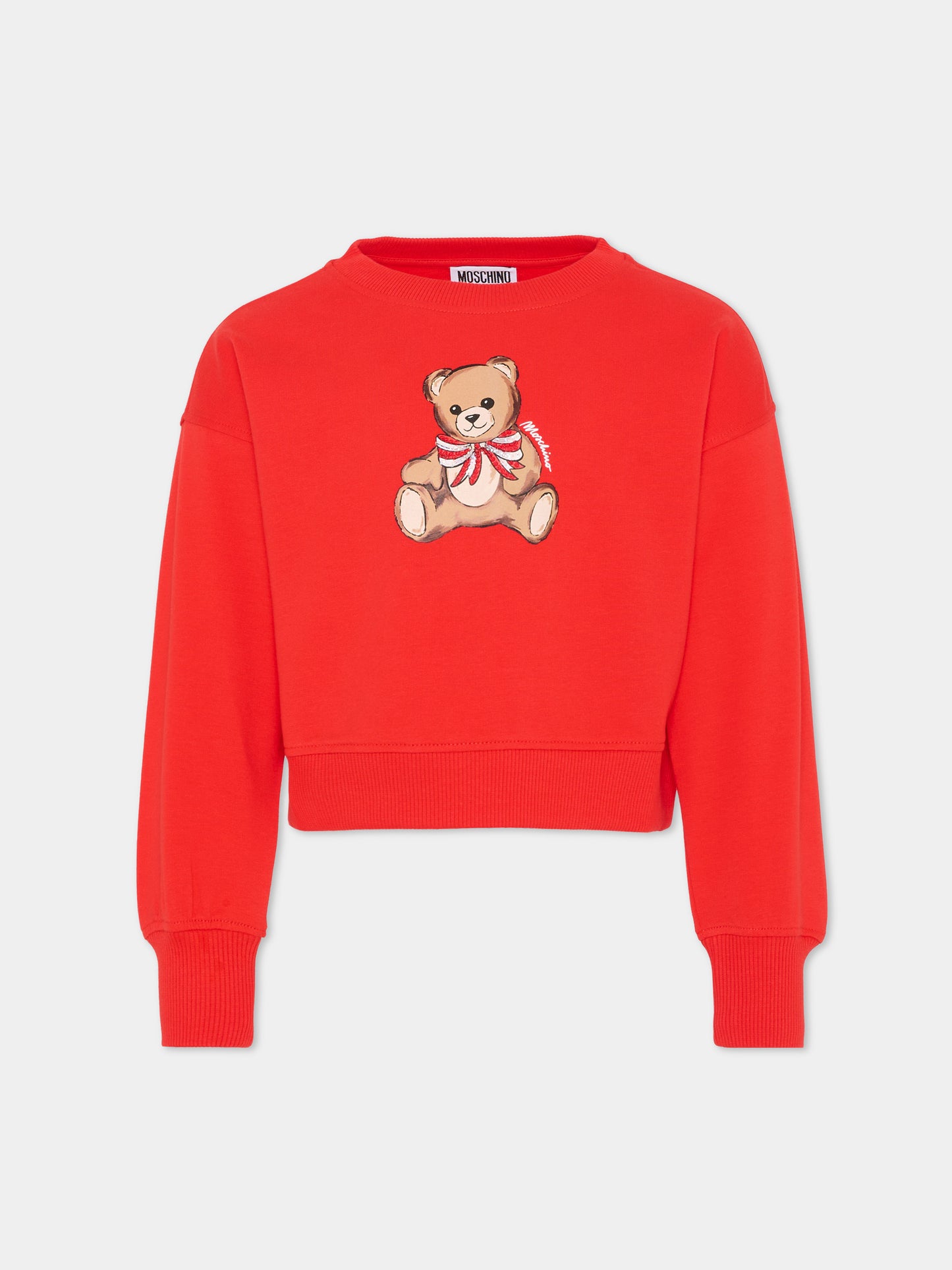 Felpa crop rossa per bambina con Teddy Bear e paillettes,Moschino Kids,HDF06G LDA16 50109