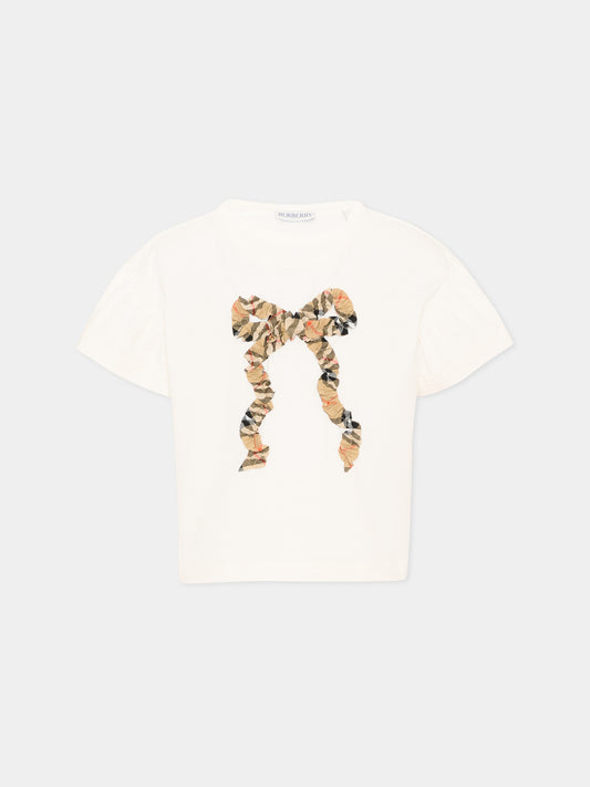 T-shirt avorio per bambina con fiocco check vintage