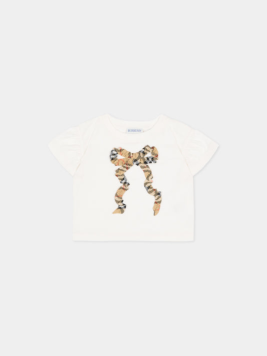 T-shirt avorio per neonata con fiocco check vintage
