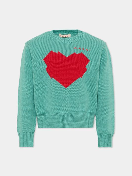 Maglione verde per bambina con cuore,Marni Kids,M02017 M00XT 0M545