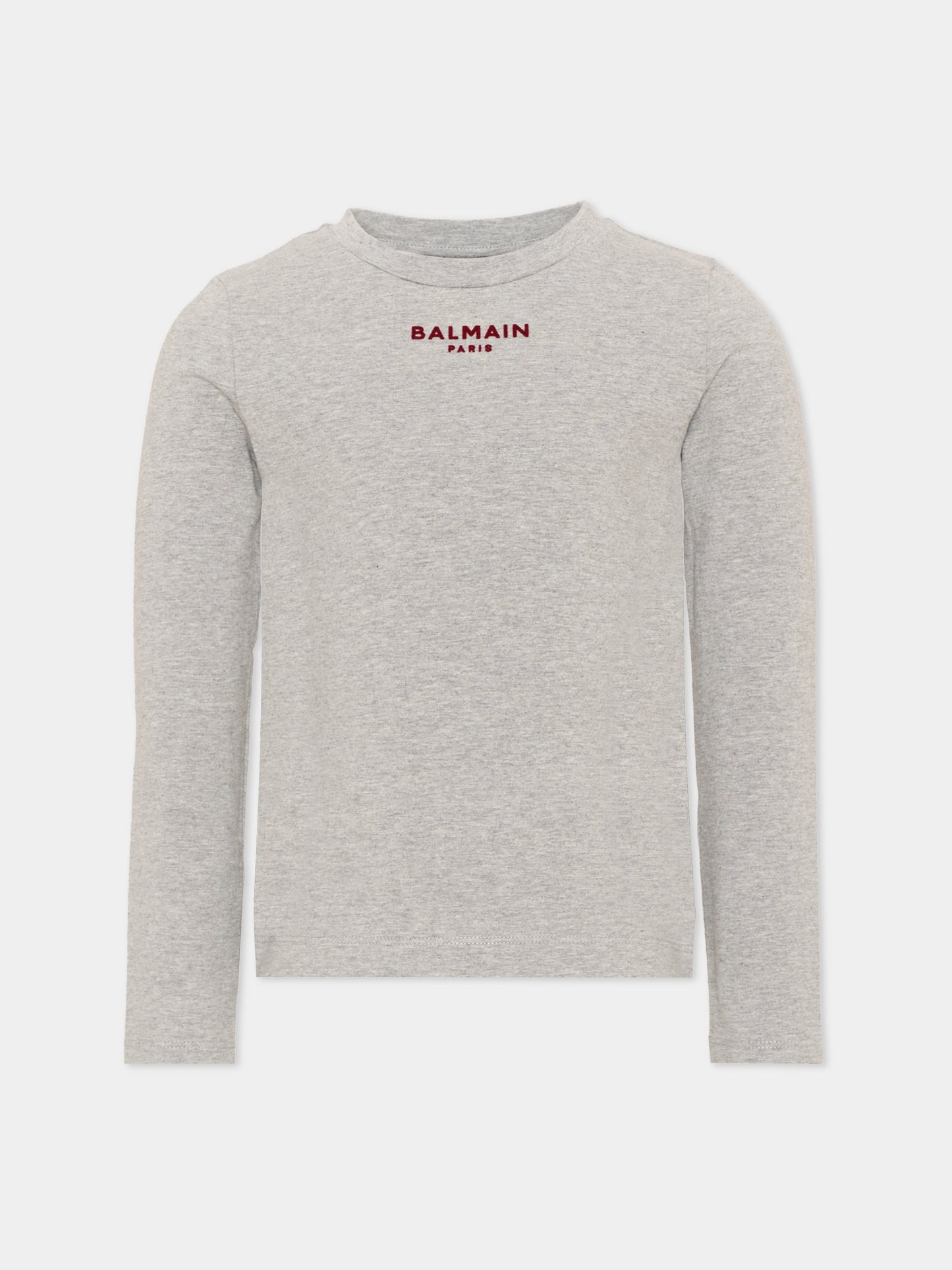 T-Shirt a manica lunga grigia per bambini con logo,Balmain Kids,BZ8A70 Z4008 806BD