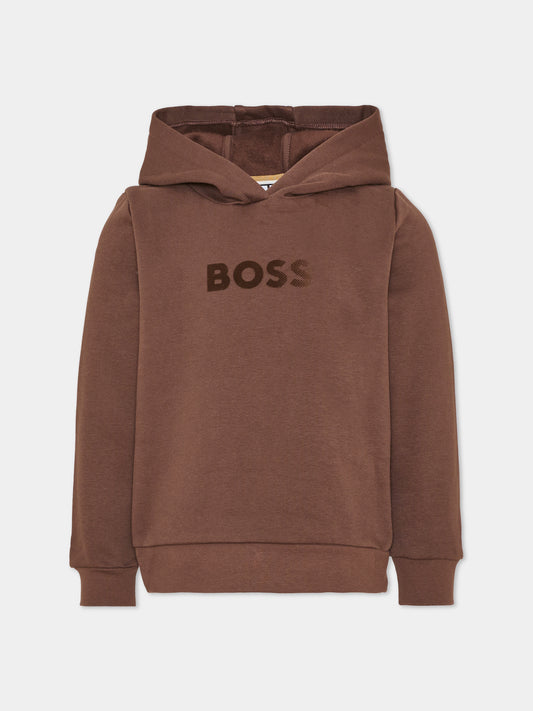 Felpa con cappuccio marrone per bambino con logo,Boss,J53400 343
