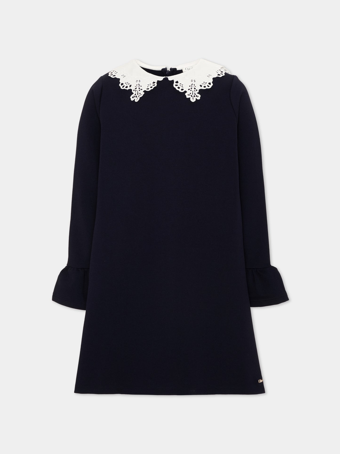 Abito blu per bambina con colletto in pizzo,Chloé Kids,C21246 859