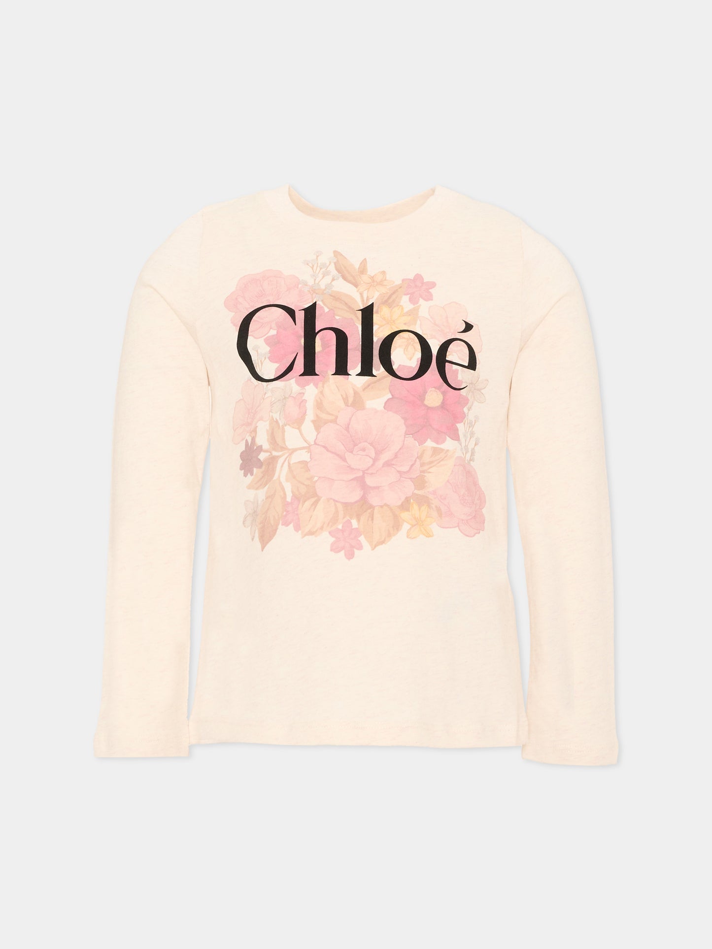 T-Shirt beige per bambina con logo floreale,Chloé Kids,C21304 B39