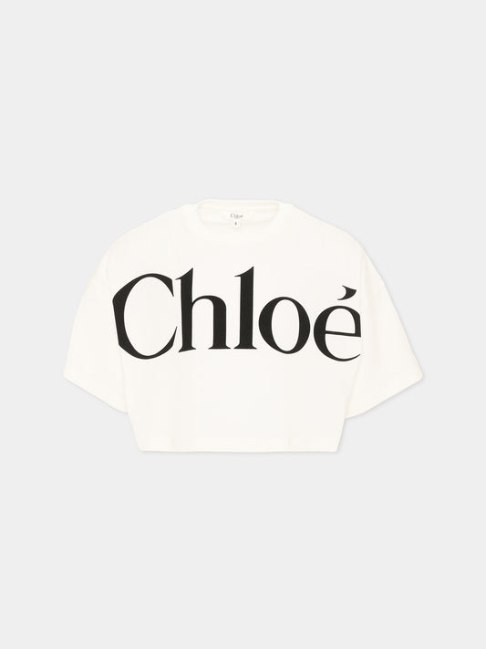 T-Shirt avorio per bambina con logo,Chloé Kids,C21305 117