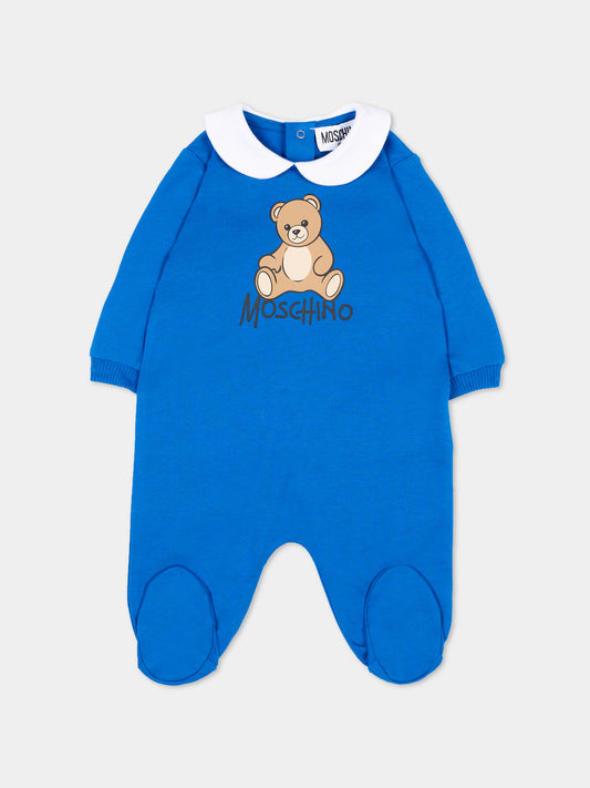 Tutina blu per neonato con Teddy Bear,Moschino Kids,M5Y037 LCA40 40157