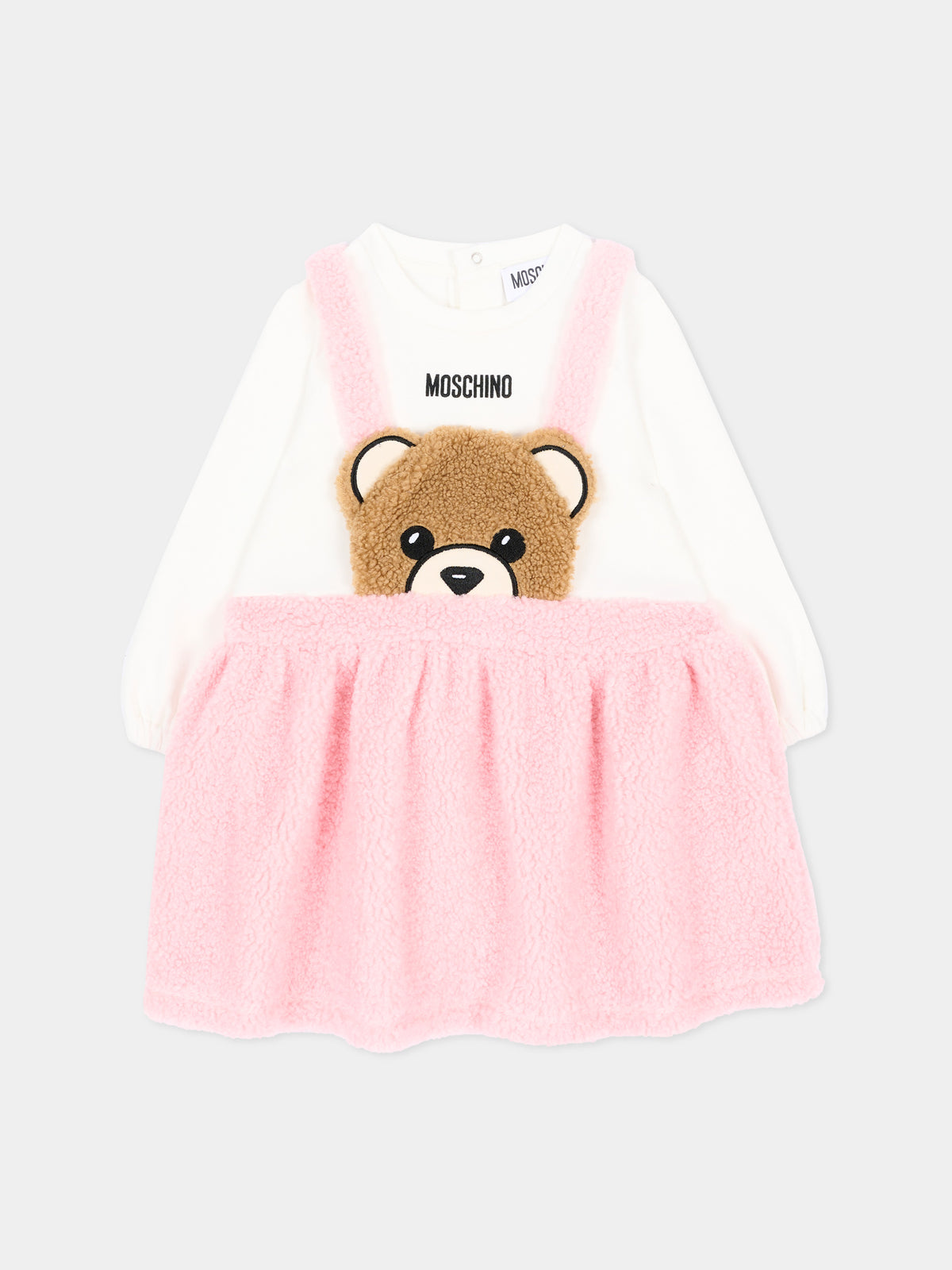 Vestito a manica lunga rosa per neonata conTeddy Bear,Moschino Kids,MDV0DX LIA00 84324
