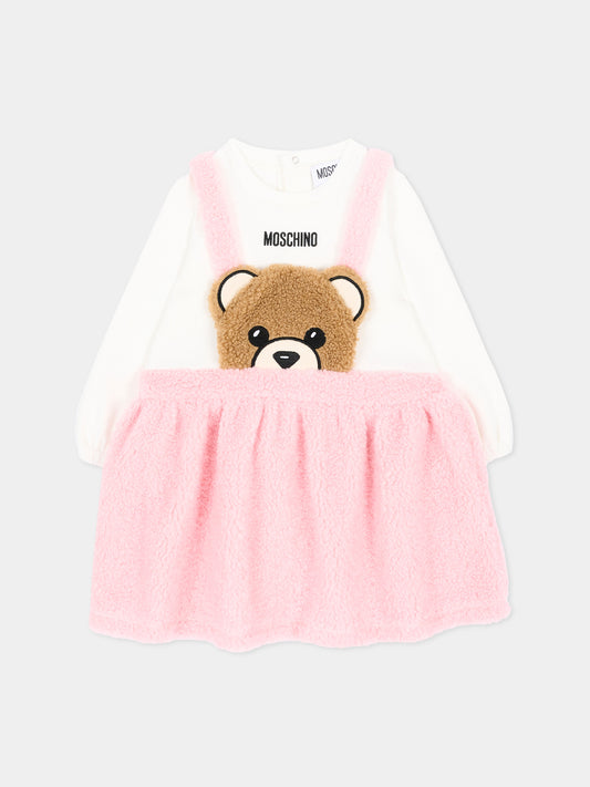 Vestito a manica lunga rosa per neonata conTeddy Bear,Moschino Kids,MDV0DX LIA00 84324