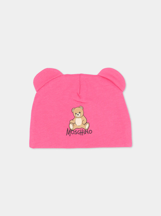 Cappello fucsia per neonata con Teddy Bear,Moschino Kids,MMX05H LCA40 51450