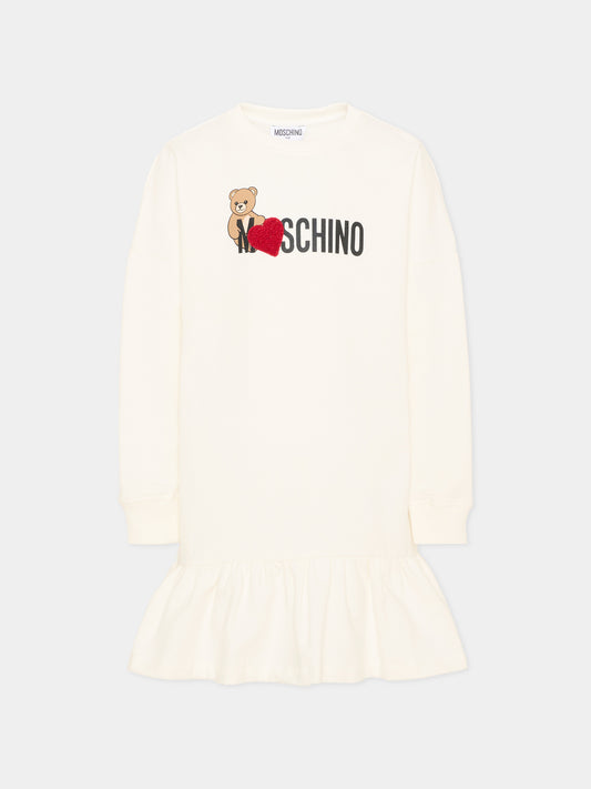 Vestito a manica lunga avorio per bambina con Teddy Bear,Moschino Kids,HDV0I3 LDA18 10063