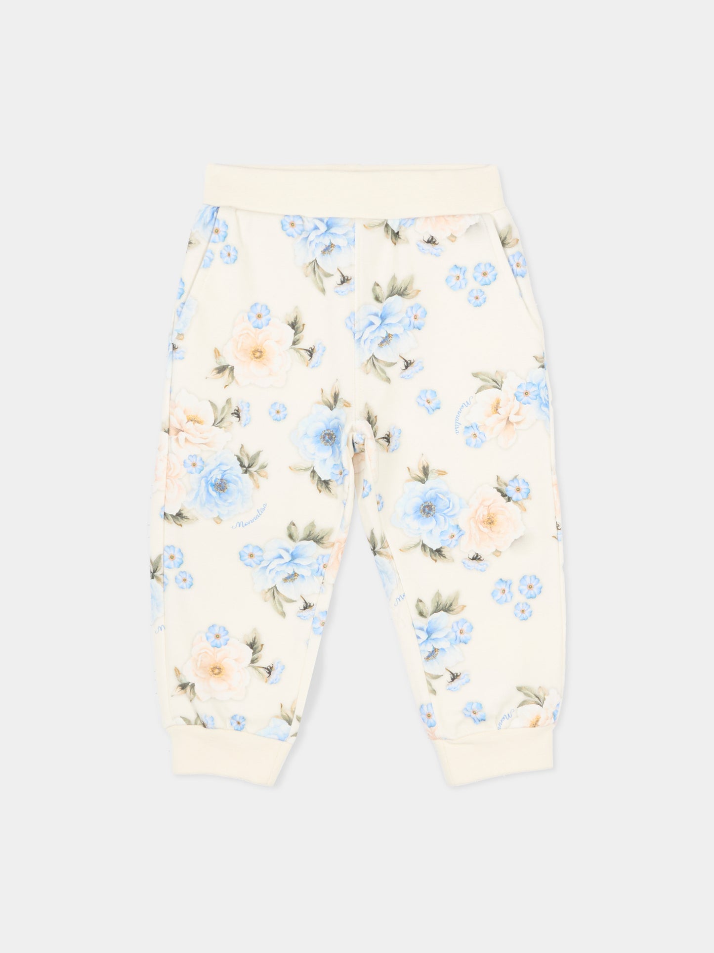 Pantaloni sportivi beige per neonati con stampa floreale,Monnalisa,39F407 6018 0258