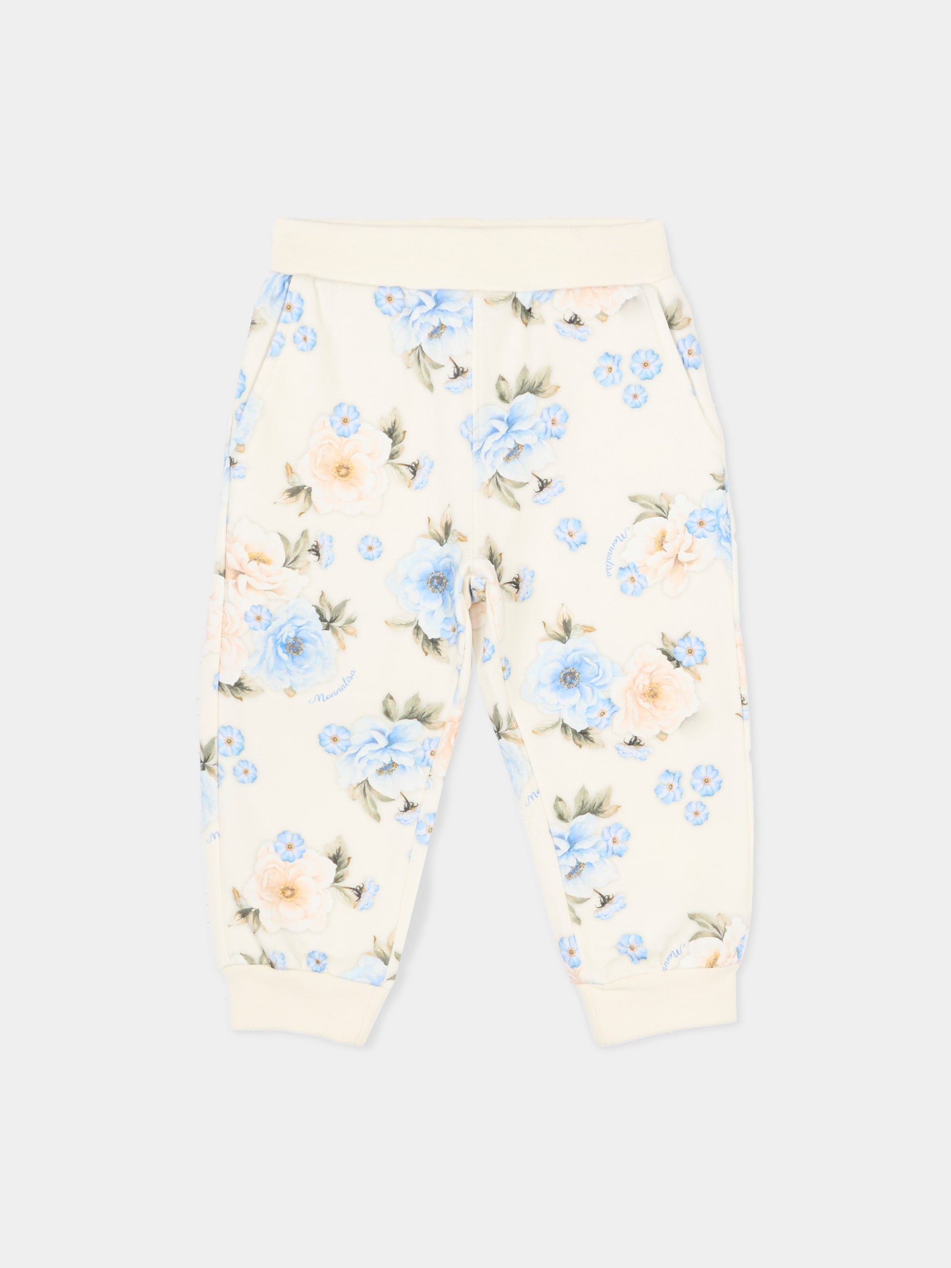 Pantaloni sportivi beige per neonati con stampa floreale,Monnalisa,39F407 6018 0258