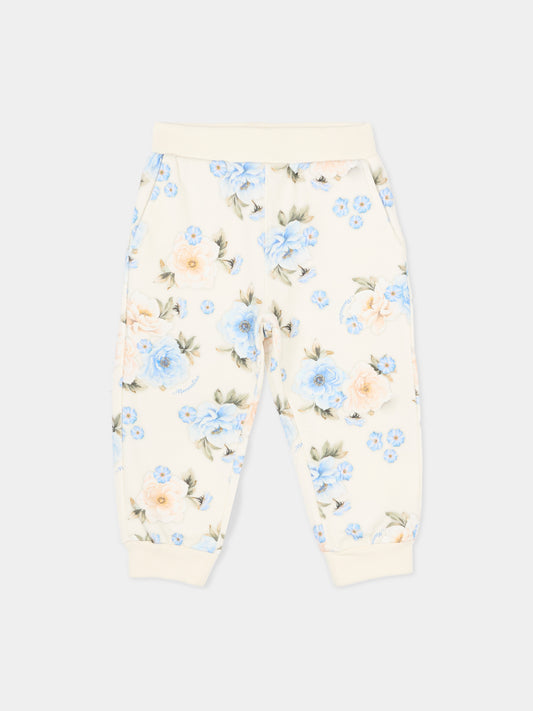 Pantaloni sportivi beige per neonati con stampa floreale,Monnalisa,39F407 6018 0258
