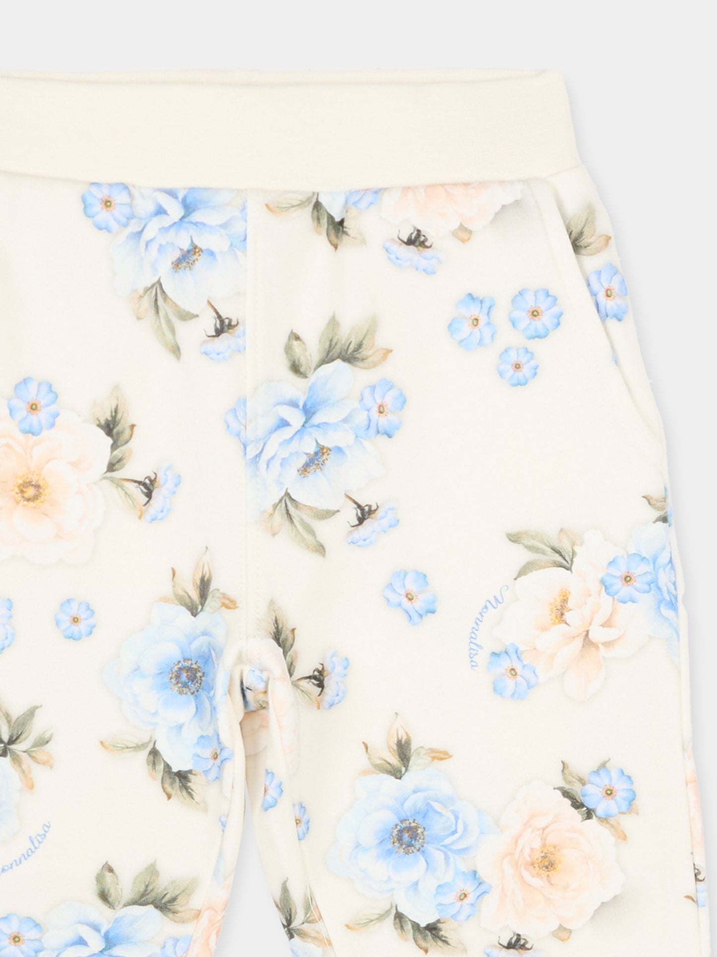 Pantaloni sportivi beige per neonati con stampa floreale,Monnalisa,39F407 6018 0258